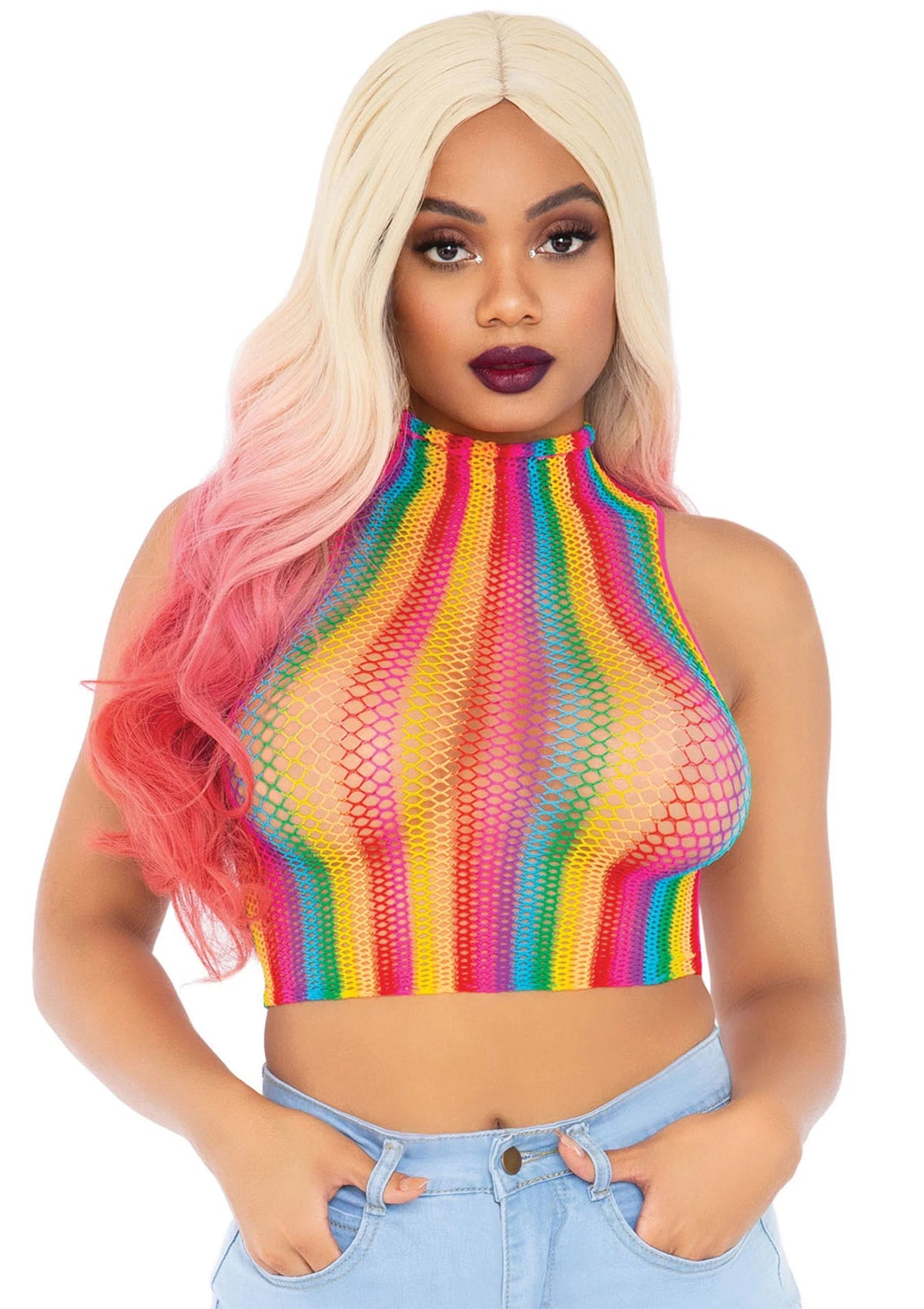 Bestel: Rainbow Net High Neck Crop Top by Leg Avenue - bij Happytoys.nl, happytoys.be, Happytoys.ae: erotische sex webshop | liever Happy dan Easy ⭐⭐⭐⭐⭐ - Default Title - 86552 - RAINBOW - O/S