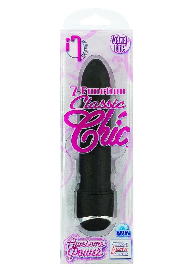 Black 7-function Classic Chic mini vibrator in clear packaging with Velvet-Cote and waterproof labels
