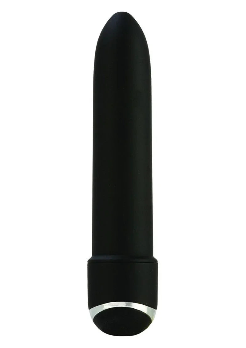 Black 7-function mini vibrator with smooth rounded tip and silver accent base on white background