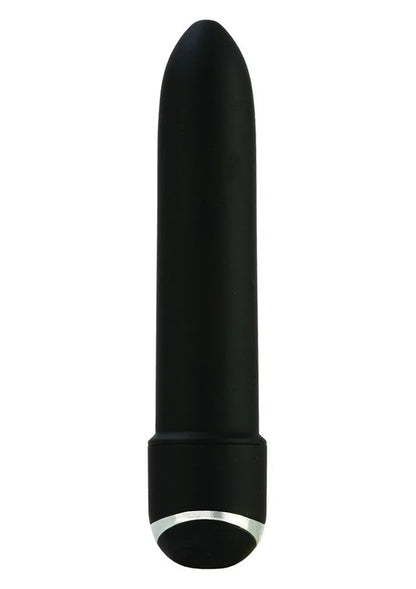 Black 7-function mini vibrator with smooth rounded tip and silver accent base on white background