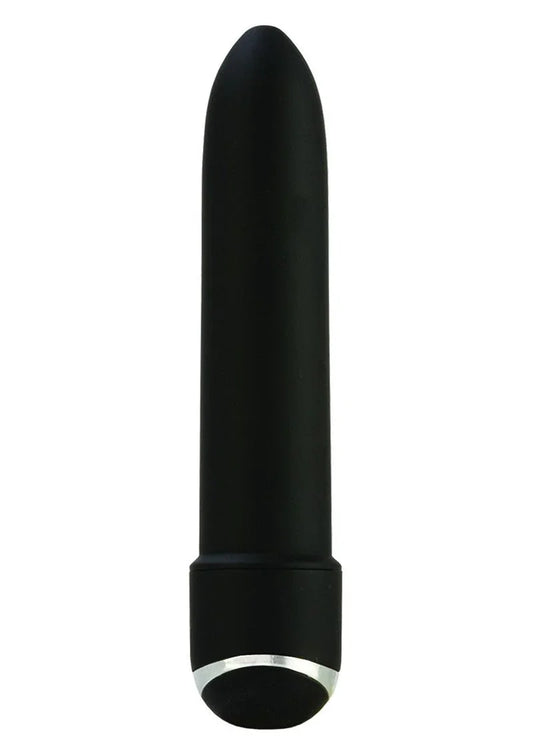 Black 7-function mini vibrator with smooth rounded tip and silver accent base on white background