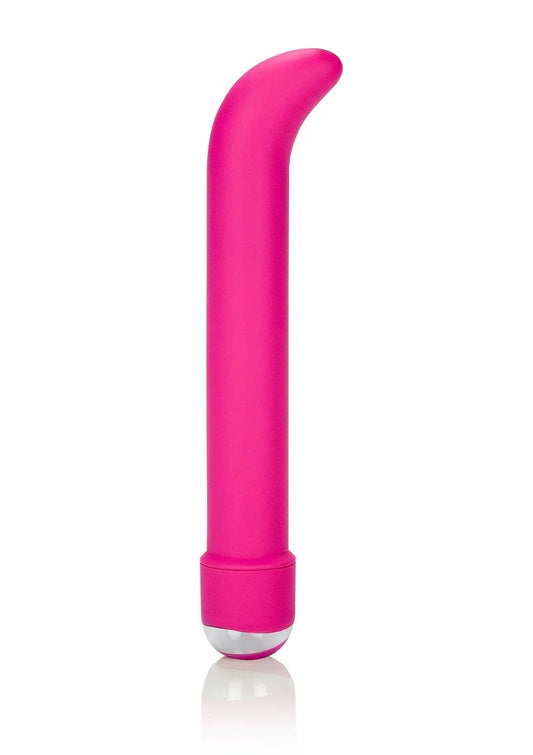 Pink silicone classic G-spot vibrator with curved tip and silver base on white background