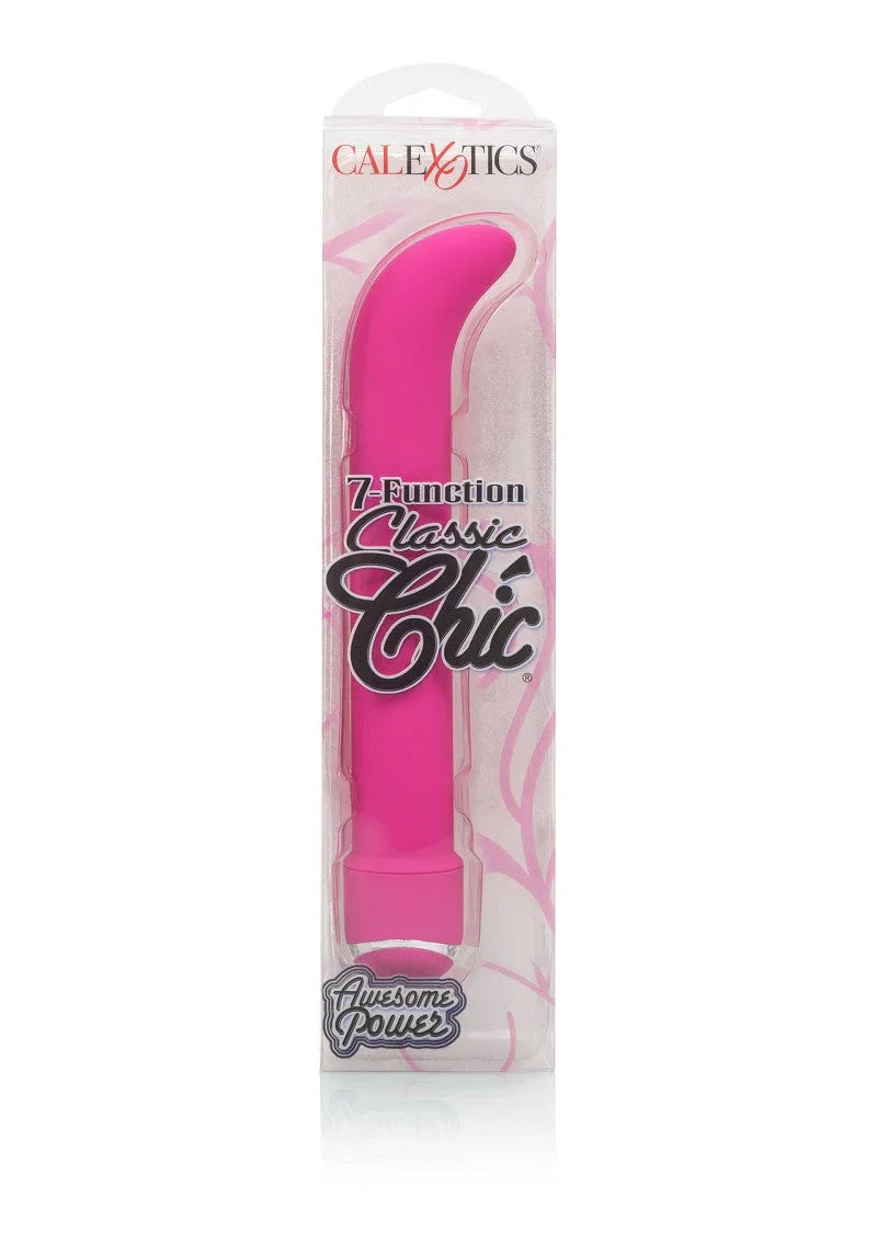 Pink 7-function Classic Chic G-spot vibrator in clear packaging with CalExotics branding