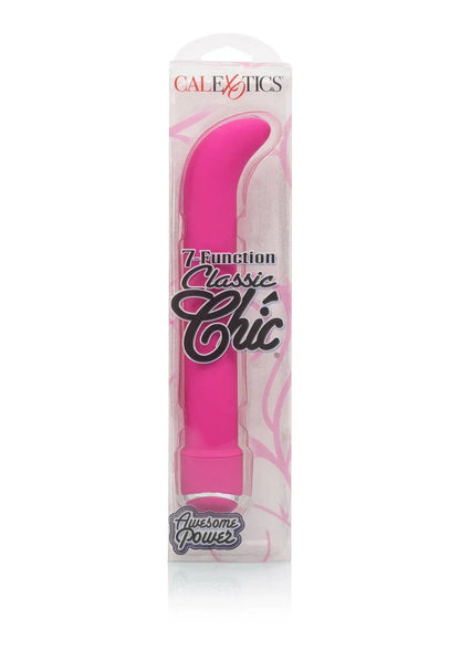 Pink 7-function Classic Chic G-spot vibrator in clear packaging with CalExotics branding