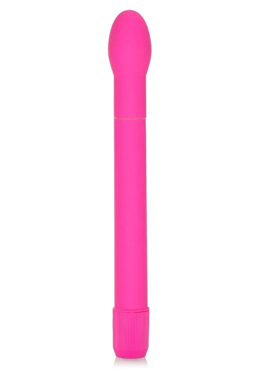 Bright pink slender tulip-shaped vibrator with ribbed twist base on white background