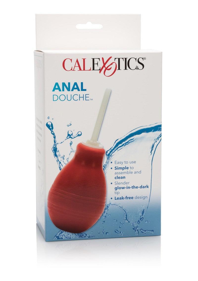 CalExotics Anal Douche with red bulb and glow-in-the-dark tip packaging featuring easy-to-use, leak-free design