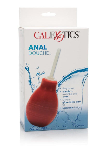 CalExotics Anal Douche with red bulb and glow-in-the-dark tip packaging featuring easy-to-use, leak-free design