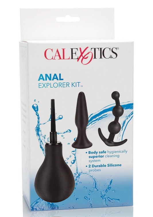 CalExotics Anal Explorer Kit packaging showing black silicone anal probes and a body-safe hygienic enema bulb