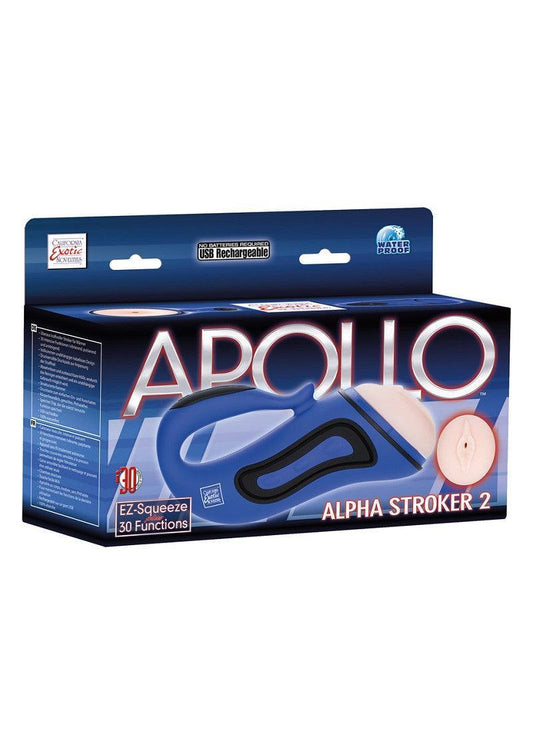 Blue Apollo Alpha Stroker 2 male masturbator packaging with USB rechargeable and waterproof features