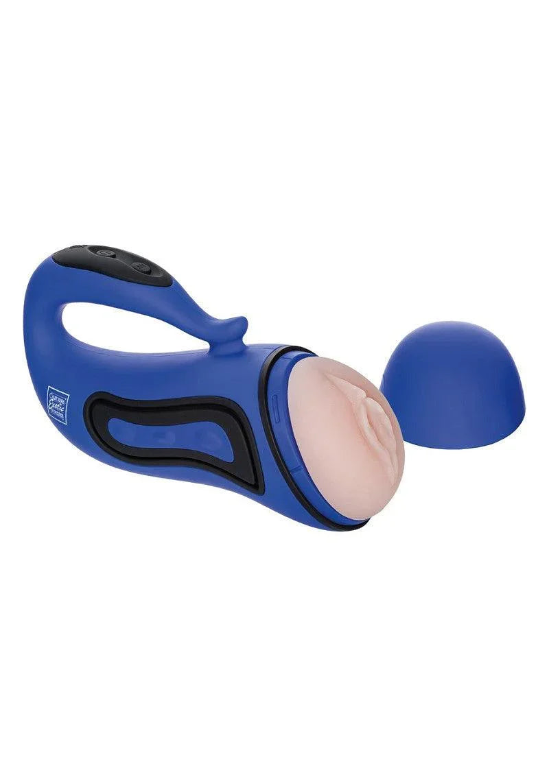 Blue Apollo Alpha vibrating stroker male masturbator with realistic flesh sleeve and protective cap