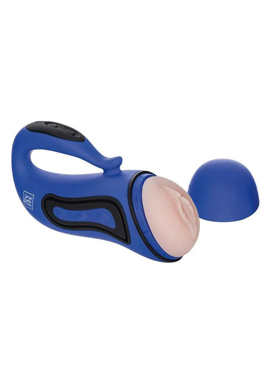 Blue Apollo Alpha vibrating stroker male masturbator with realistic flesh sleeve and protective cap