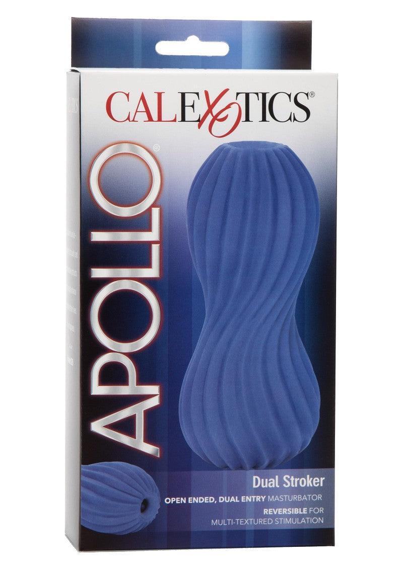CalExotics Apollo Dual Stroker open-ended dual entry masturbation toy in blue with textured design