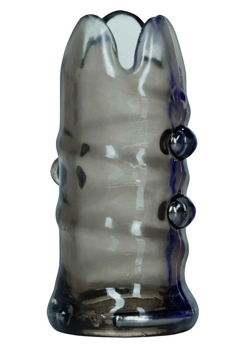 Transparent smoky gray textured penis sleeve with rounded nodules and split tip girth enhancer
