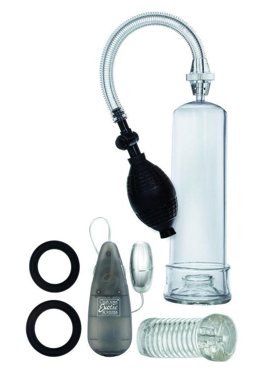 CalExotics Apollo Sta-Hard Kit penis pump with black hand bulb, clear cylinder, cock rings, vibrating bullet, and textured sleeve