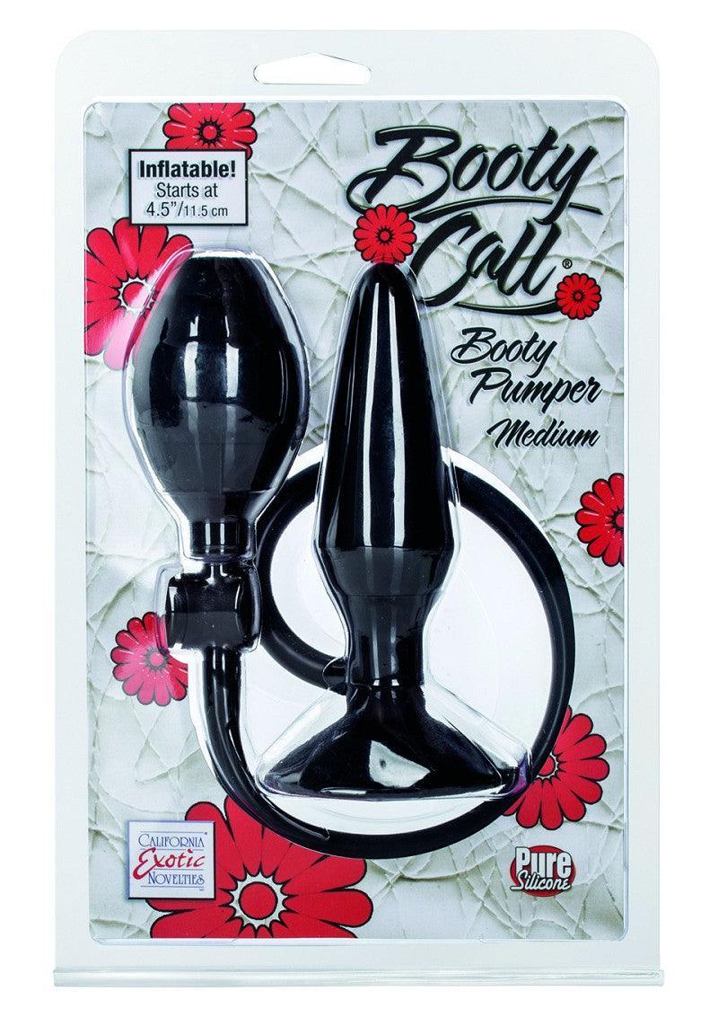Booty Call Booty Pumper Medium inflatable black silicone butt plug in clear packaging with red flowers
