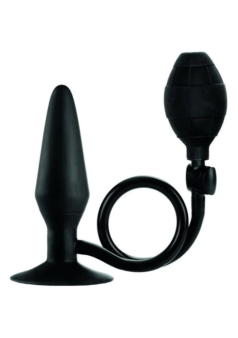 Black inflatable butt plug with hand pump and curved tube on white background