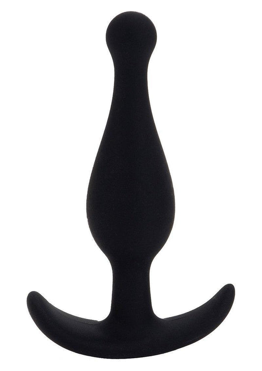 Black silicone anal plug with tapered shape and curved base on white background