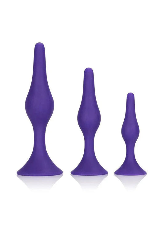 Set of three purple silicone butt plugs in graduated sizes with flared bases on white background
