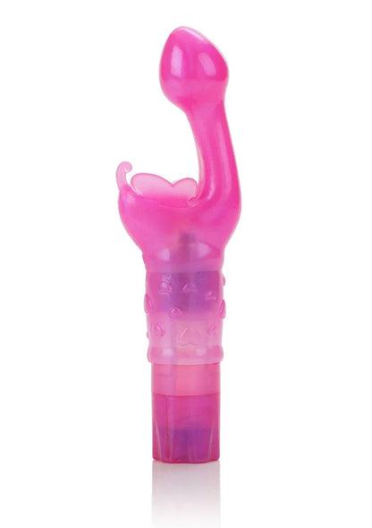 Pink CalExotics Butterfly Kiss G-Spot vibrator with textured handle on white background