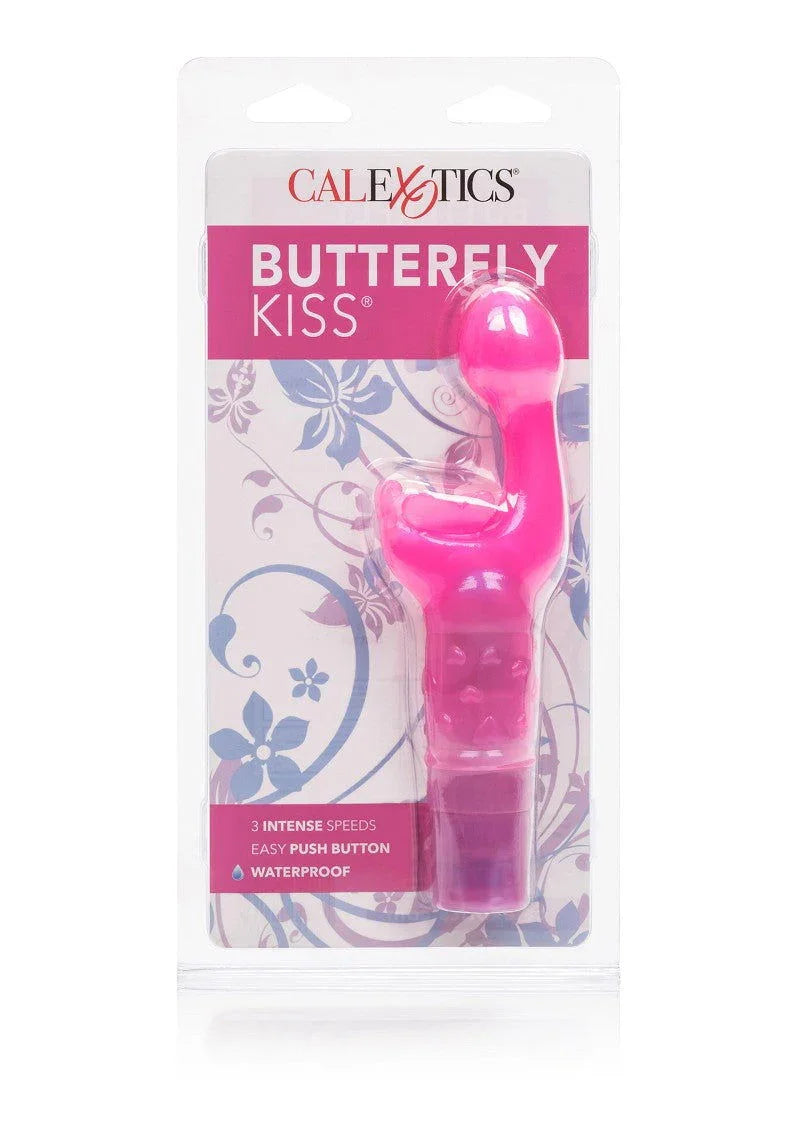 CalExotics Butterfly Kiss G-Spot vibrator in pink, packaged, waterproof, 3 speeds