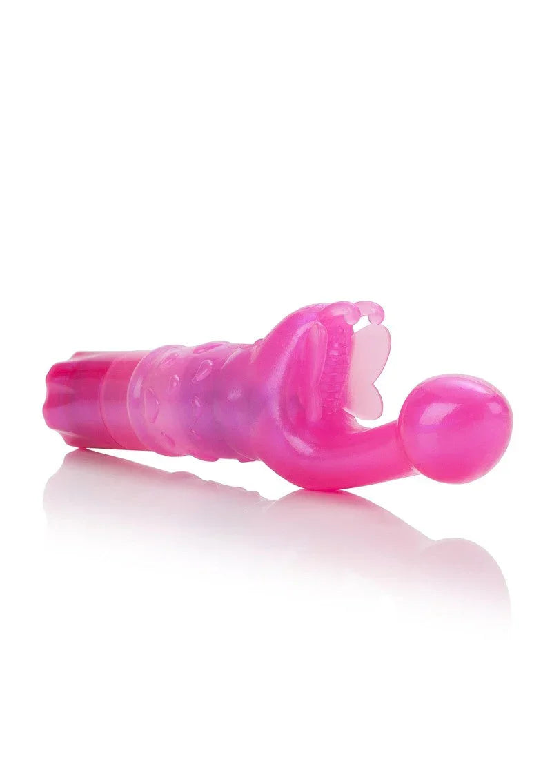 Pink CalExotics Butterfly Kiss G-spot vibrator with butterfly design on white background