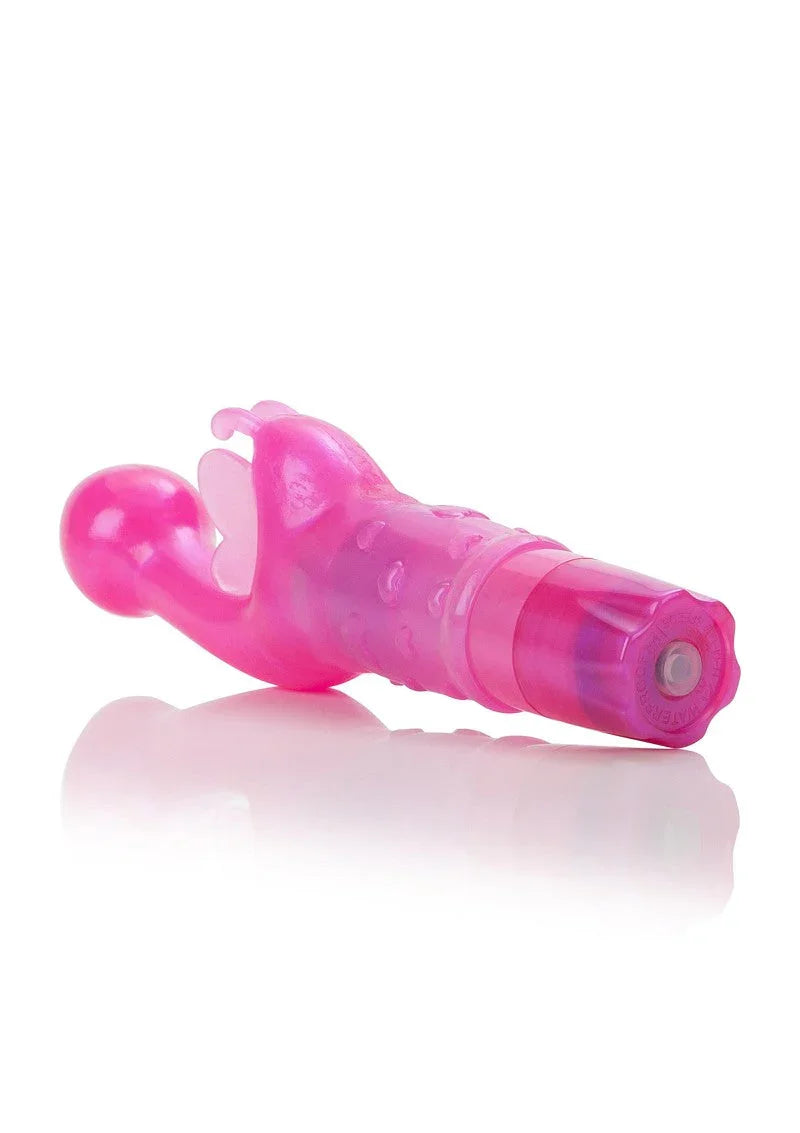 Pink CalExotics Butterfly Kiss G-Spot vibrator with butterfly design on white background
