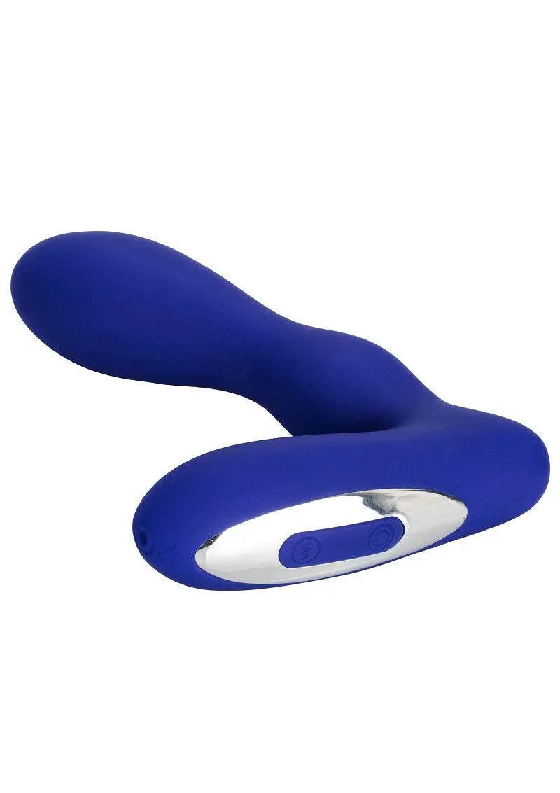 Blue silicone vibrating pleasure probe with curved ergonomic design and control buttons