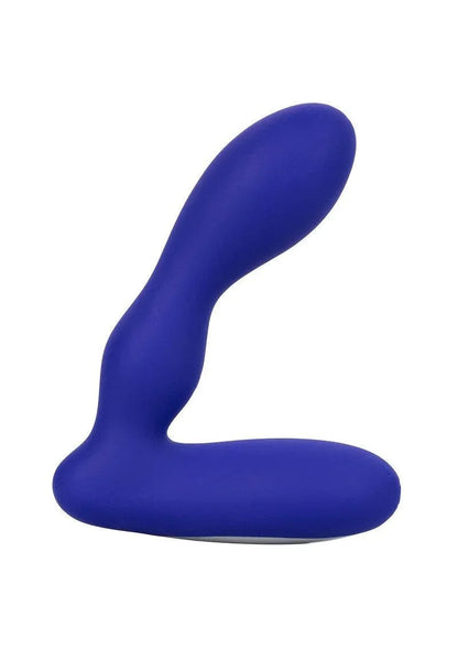 Blue silicone vibrating pleasure probe and butt plug sex toy on white background