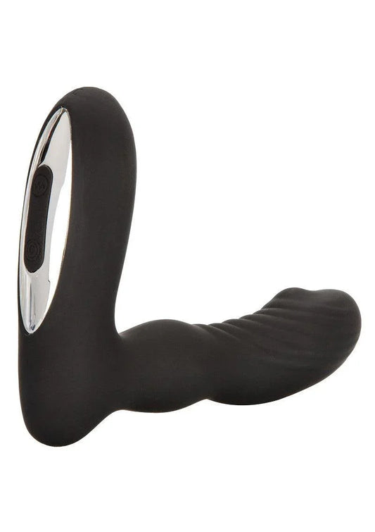 Black silicone prostate massager with ergonomic curved design and control buttons on chrome accent