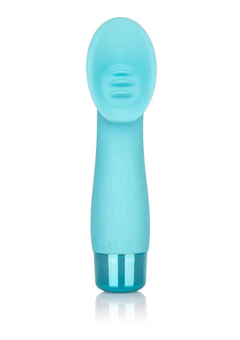 Blue CalExotics Eden Climaxer clitoral stimulator with silicone design on white background
