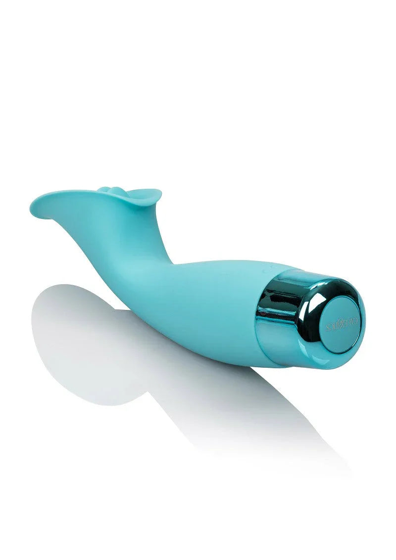 Aqua blue CalExotics Eden Climaxer clitoris stimulator with metallic base on white background