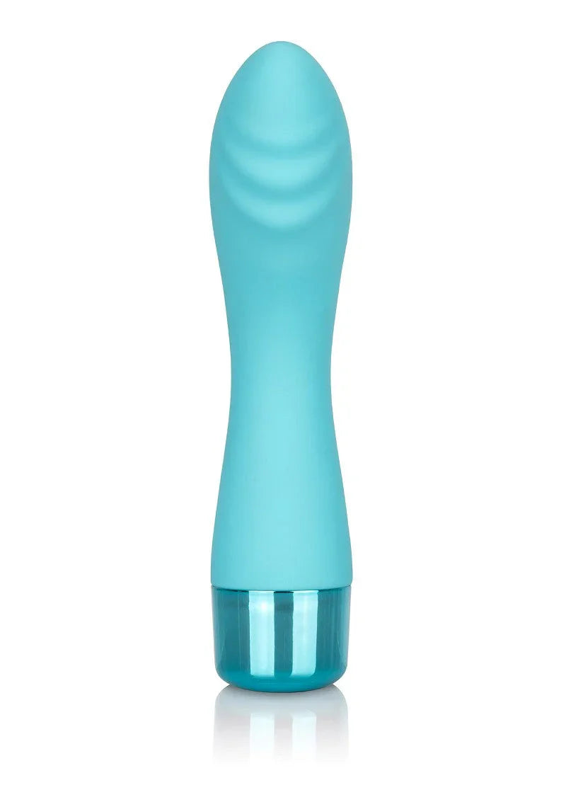 Blue silicone G-spot vibrator with textured tip, photographed on white background