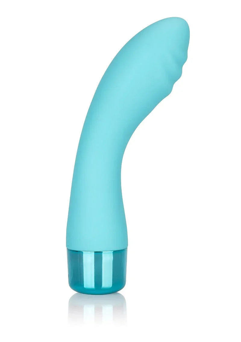 Blue CalExotics Eden Ripple G-Spot vibrator with curved design on white background