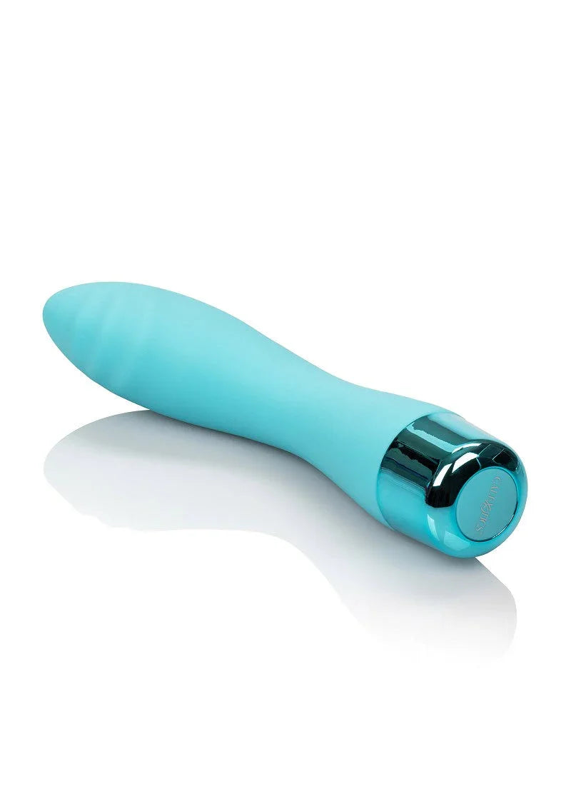 Light blue CalExotics Eden Ripple G-Spot vibrator with chrome accent on white background