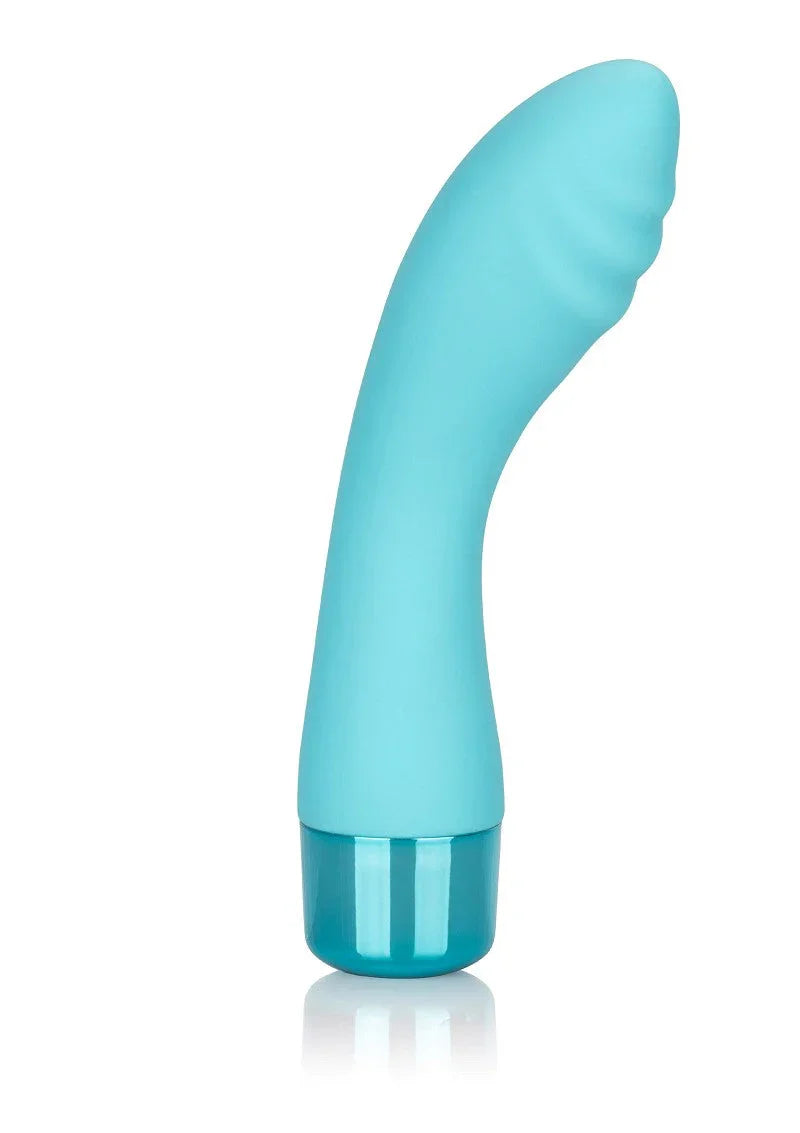 Blue CalExotics Eden Ripple G-Spot vibrator with curved shape on white background