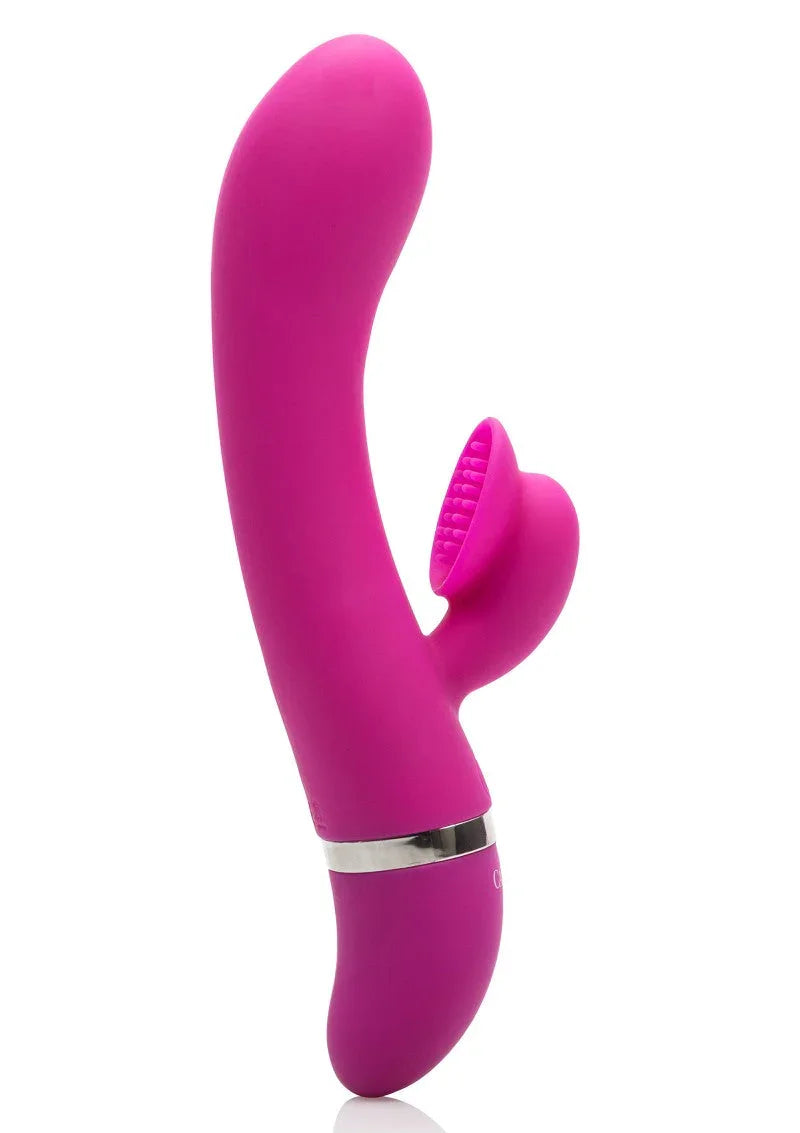 Pink silicone clitoral vibrator with curved design and metallic accent, isolated on white