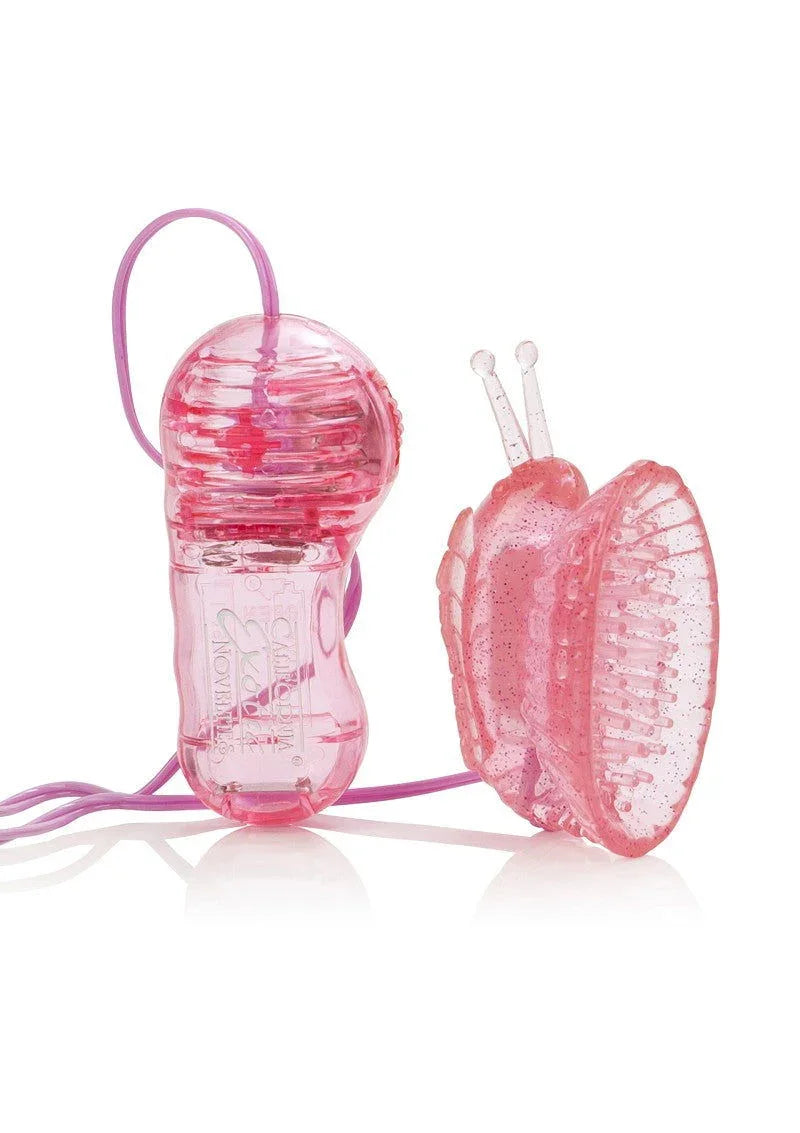 Pink transparent butterfly-shaped clitoral pump with wired handheld control on white background