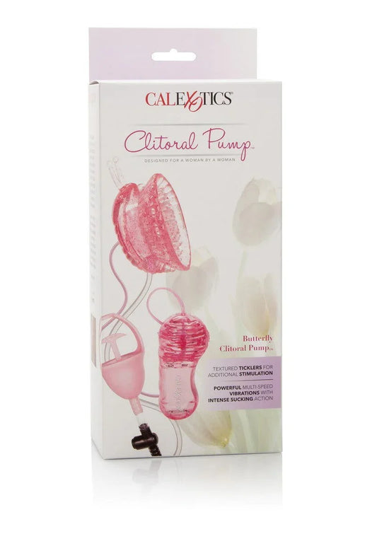 CalExotics Butterfly Clitoral Pump in pink with textured ticklers and multi-speed vibrations on white packaging