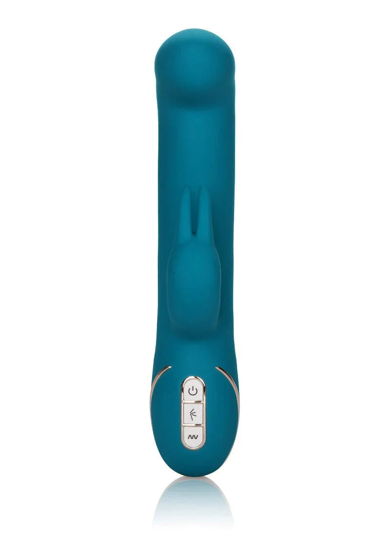 Teal silicone rabbit vibrator with control buttons on white background