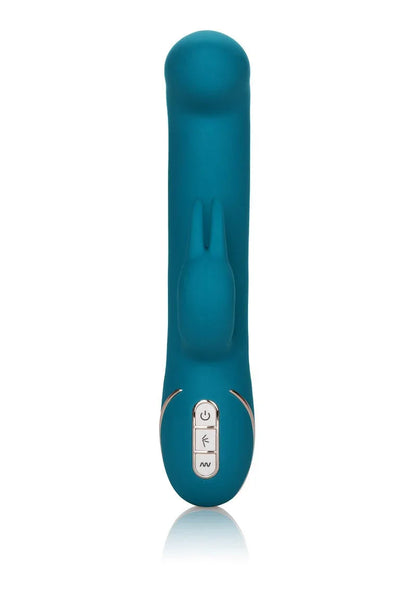 Teal silicone rabbit vibrator with control buttons on white background