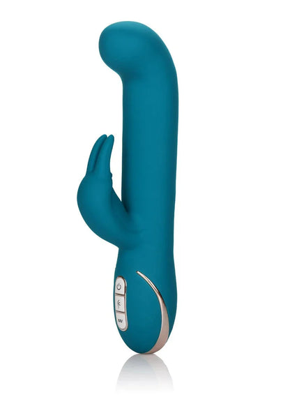 Teal silicone rabbit vibrator with curved tip and dual motor controls on white background