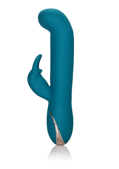 Teal silicone rabbit vibrator with curved tip and gold accent on white background