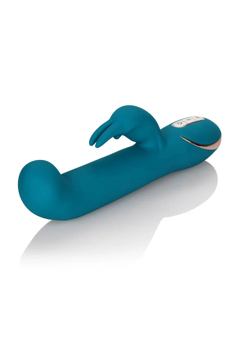 Teal silicone rabbit vibrator with ergonomic shape and dual stimulation, white control buttons, reflective surface