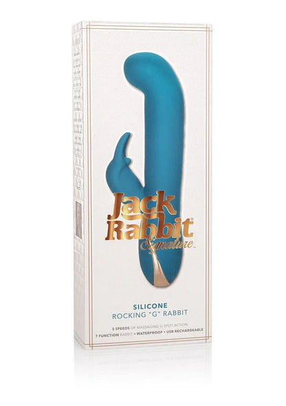 Jack Rabbit Signature silicone rocking G-spot vibrator in blue with gold accent in white packaging
