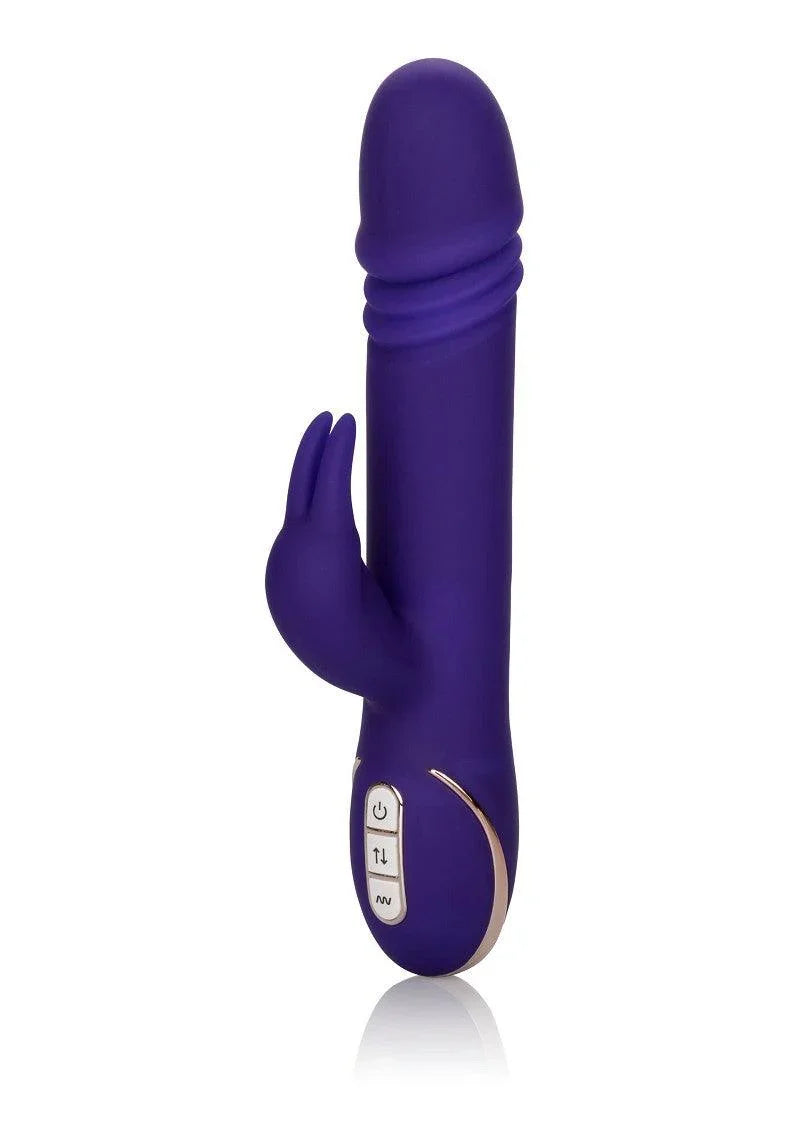 Purple silicone rabbit vibrator with dual controls and gold accents on white background