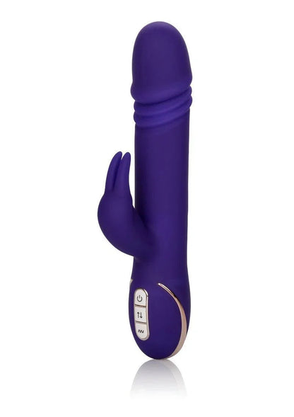 Purple silicone rabbit vibrator with dual controls and gold accents on white background