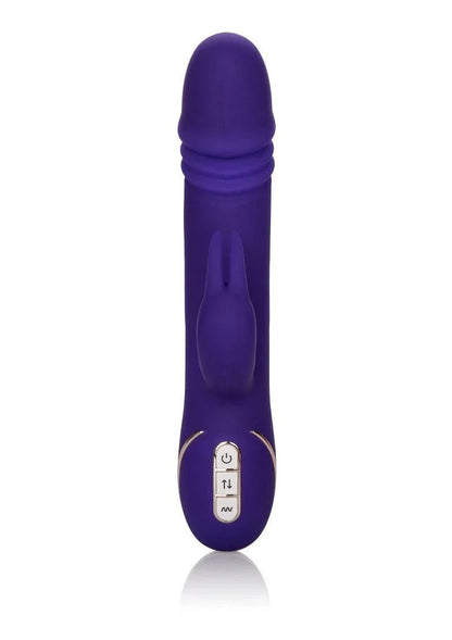 Purple silicone Jack Rabbit signature thrusting vibrator with control buttons on white background