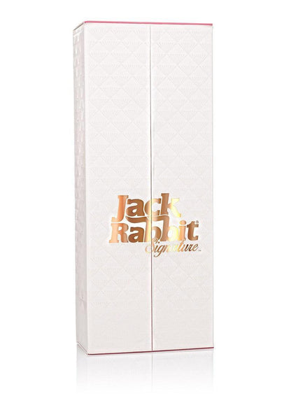 White textured box with gold foil text Jack Rabbit Signature on sex toy packaging