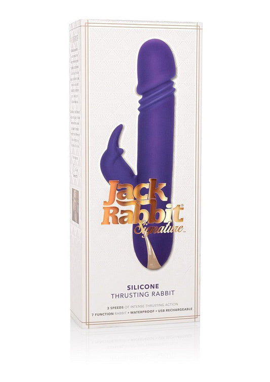 Jack Rabbit Signature silicone thrusting rabbit vibrator in purple packaging with gold text
