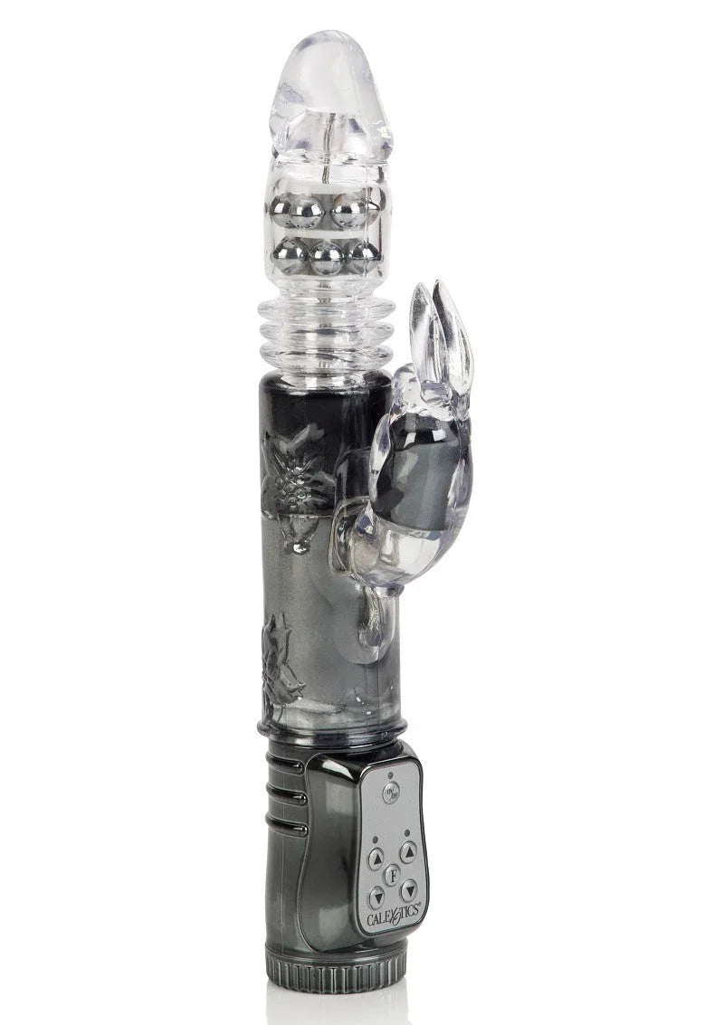 CalExotics Jack Rabbit thrusting vibrator with clear shaft, rotating beads, and rabbit stimulator